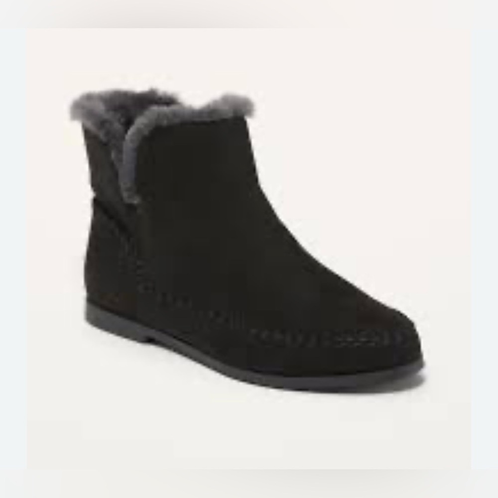 Old Navy Black Faux  Suede Ankle Boots with Gray Fur Lining Size 6